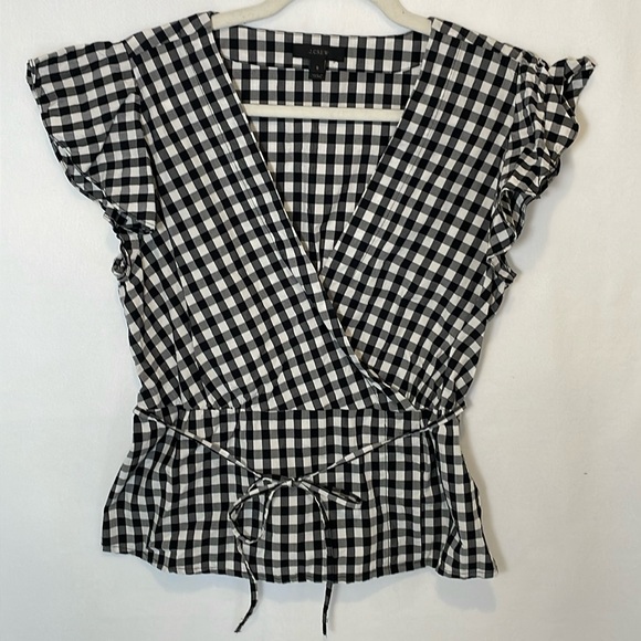 J. Crew Tops - J Crew Gingham Peplum Faux Wrap Side Zip Tie Blouse Top Black White Women Size 8
